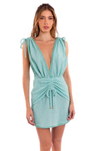 Charger l'image dans la galerie, Model Front: Despi Mini Dress Plunge Dress Shiny Aquamarine