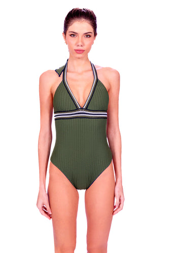 Model Front: Despi Une Pièce Crocheted Reversible Op Olive