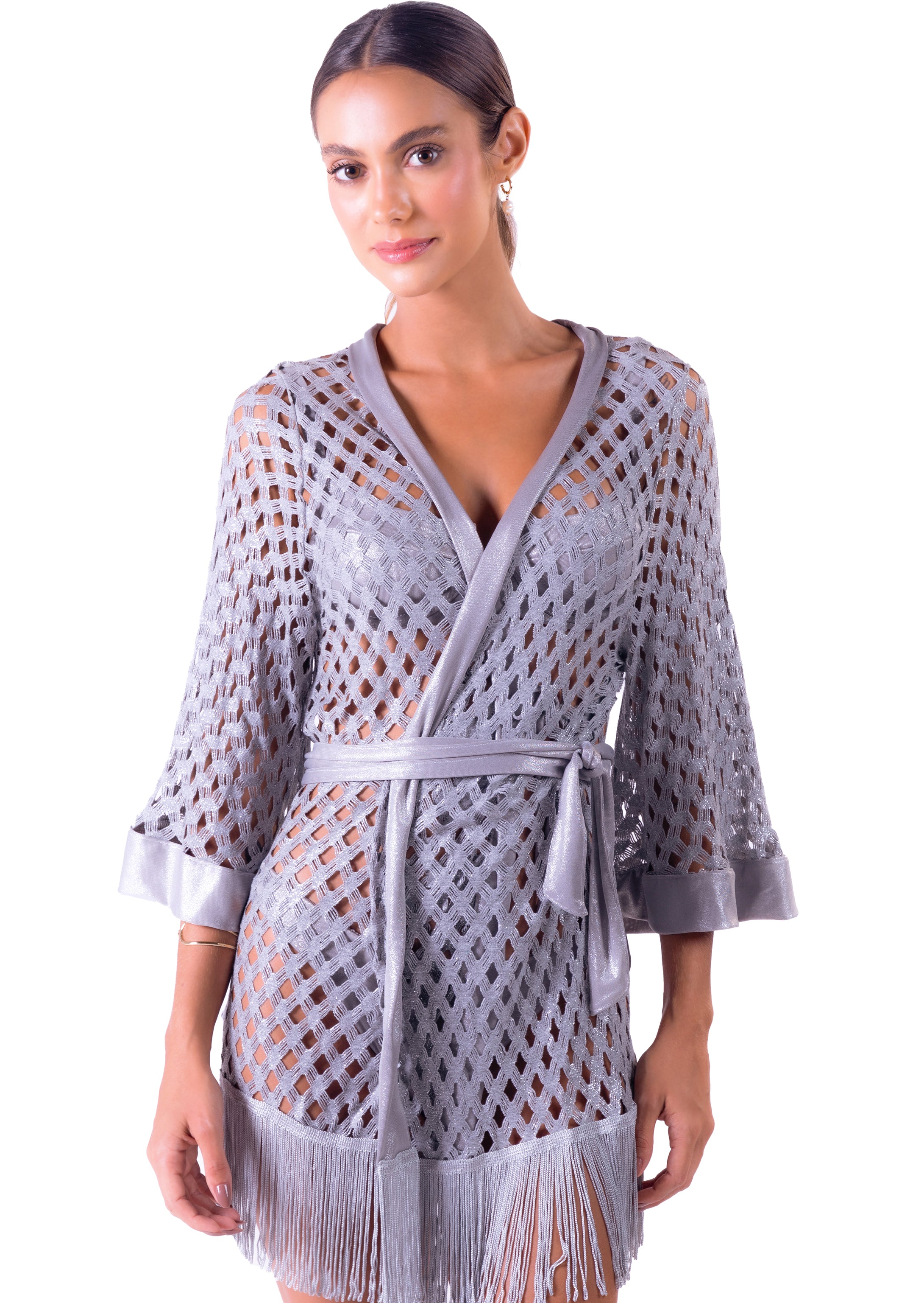 Gallery: Despi Robe De Plage Fringed Kimono Silver Shimmer