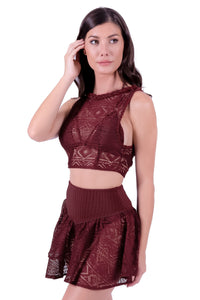 Model Front: Despi Haut De Plage Lace Cropped Tank Burgundy
