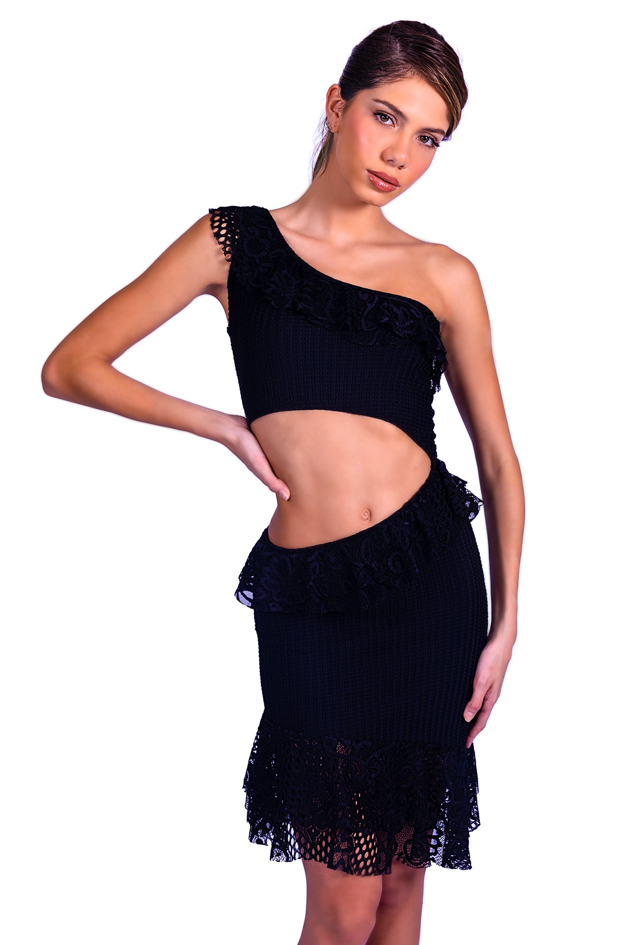 Model Front: Despi Mini Dress Lace Ruffle Dress Black