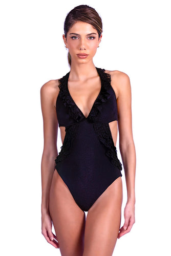 Model Front: Despi Une Pièce Lace Ruffle Op Black Full