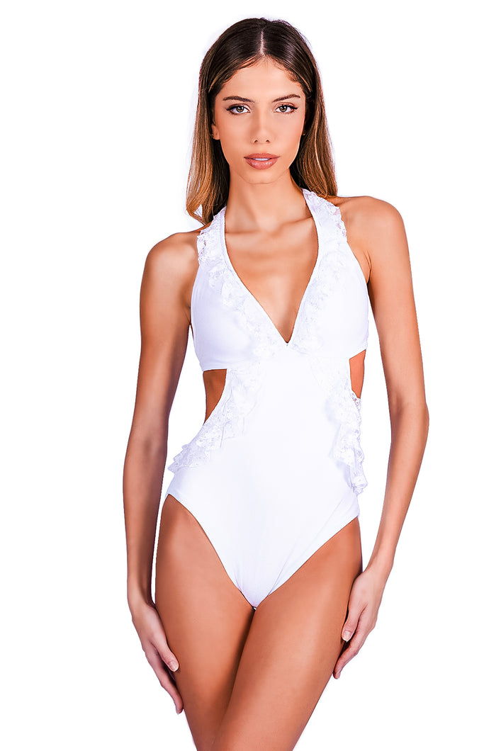 Model Front: Despi Une Pièce Lace Ruffle Op White Full