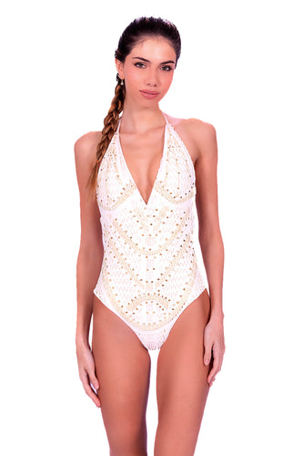 Model Front: Despi Une Pièce Rhinestone Op Gold Metal